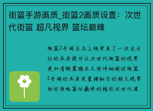 街篮手游画质_街篮2画质设置：次世代街篮 超凡视界 篮坛巅峰