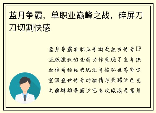 蓝月争霸，单职业巅峰之战，碎屏刀刀切割快感